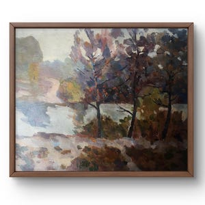 Pintura al óleo paisaje original, pintura al óleo sobre cartón, bosque otoñal con tonos suaves y camino misterioso, arte hecho a mano, sin marco