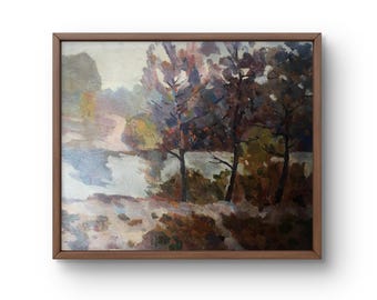 Oil painting landscape original, oil painting on cardboard, autumn forest with soft shades and mysterious path, handmade art, unframed
