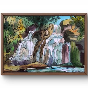 Acquerello dipinto paesaggio originale, dipinto su carta, paesaggio di montagna, arte fatta a mano, natura, senza cornice, scena di cascata, arte murale