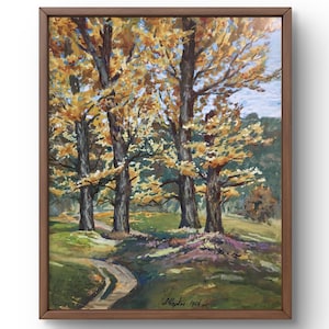 Gouache painting landscape original, gouache painting on paper, autumn park with bright yellow trees, handmade art, unframed, wall art
