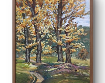 Gouache painting landscape original, gouache painting on paper, autumn park with bright yellow trees, handmade art, unframed, wall art