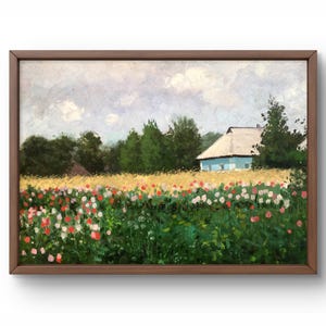 Pintura al óleo paisaje original, pintura al óleo sobre cartón, paisaje rural con campo, casa rural, arte hecho a mano, sin marco, arte de pared