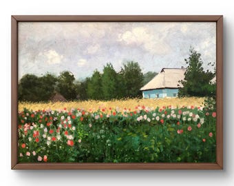 Origineel landschapsolieverfschilderij, olieverfschilderij op karton, landelijk landschap met veld, landelijk huis, handgemaakte kunst, ingelijst, muurkunst