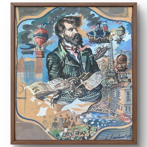 Watercolor painting portrait original, watercolor painting on paper, bearded figure surrounded by bright elements, handmade art, unframed