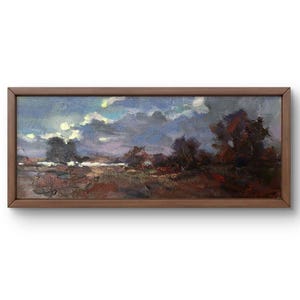 Pintura al óleo original de paisaje, pintura al óleo sobre cartón, escena de un paisaje vespertino colorido y melancólico, arte hecho a mano, sin marco, arte de pared