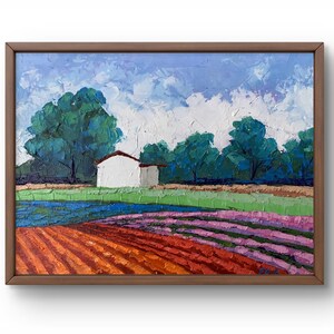 Pintura al óleo paisaje original, pintura sobre cartón, paisaje de casa, arte hecho a mano, naturaleza, sin marco, paisaje de campo, arte de pared