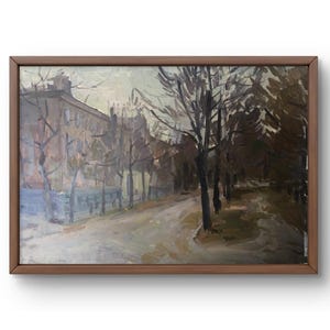 Pintura al óleo original de paisaje, pintura al óleo sobre cartón, calle de ciudad brumosa con árboles y casas desnudos, arte hecho a mano, sin marco, arte de pared