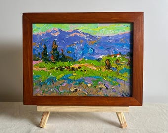 山岳風景油絵、夏の花の風景ファインアート、カロライナ山脈のパノラマ