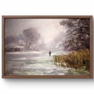 Pintura de acuarela paisaje original, pintura sobre cartón, paisaje invernal, arte hecho a mano, naturaleza, sin marco, paisaje de río, arte de pared