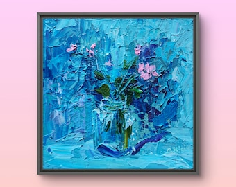 アクリル画抽象オリジナル、キャンバスに描いた花の静物画、手作り