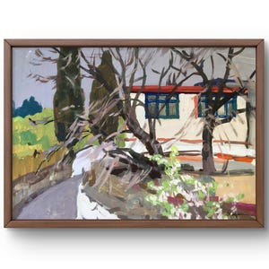 Dipinto a guazzo paesaggio originale, dipinto su carta, paesaggio del villaggio, arte fatta a mano, natura, senza cornice, paesaggio della casa, arte murale