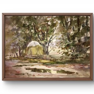 Pintura de acuarela paisaje original, pintura sobre cartón, paisaje forestal, arte hecho a mano, naturaleza, sin marco, paisaje forestal, arte de pared