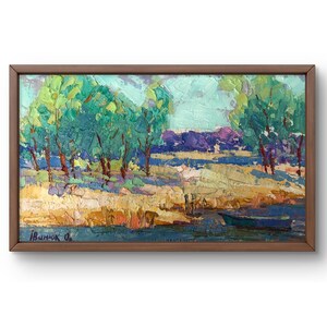 Oil painting landscape original, oil painting on canvas, summer landscape with green trees and hills, handmade art, unframed, wall art