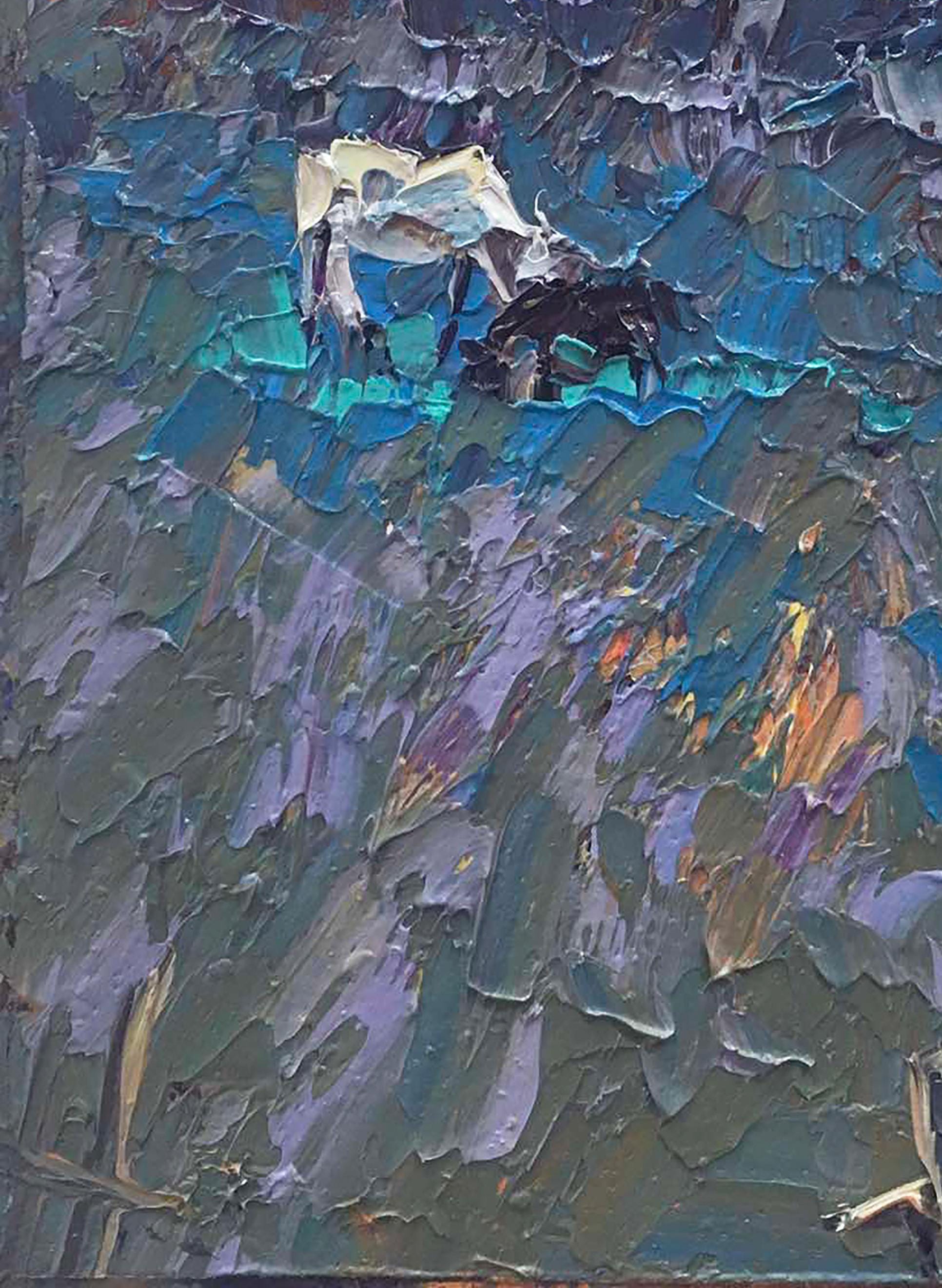 油絵風景画、深い青、紫、茶色のパレットを使用したオリジナルの油絵の