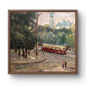 Pintura a óleo paisagem original, pintura a óleo sobre papelão, paisagem urbana com bonde contra o fundo de árvores e catedral, arte artesanal