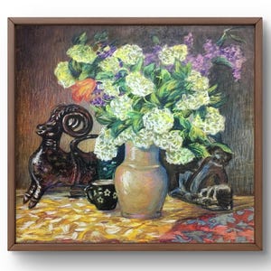Bodegón original pintado a lápiz, pintura a lápiz sobre cartón, bodegón con flores en un jarrón, arte hecho a mano, sin marco, arte de pared
