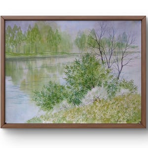 Origineel landschapswaterverfschilderij, aquarel op papier, rivier met groen gebladerte en reflecties in water, handgemaakte kunst