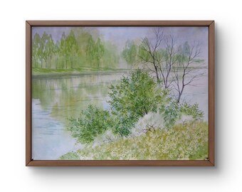 川沿いの散歩道、川の反射、緑の川、緑の葉、田園風景、水彩画、風景