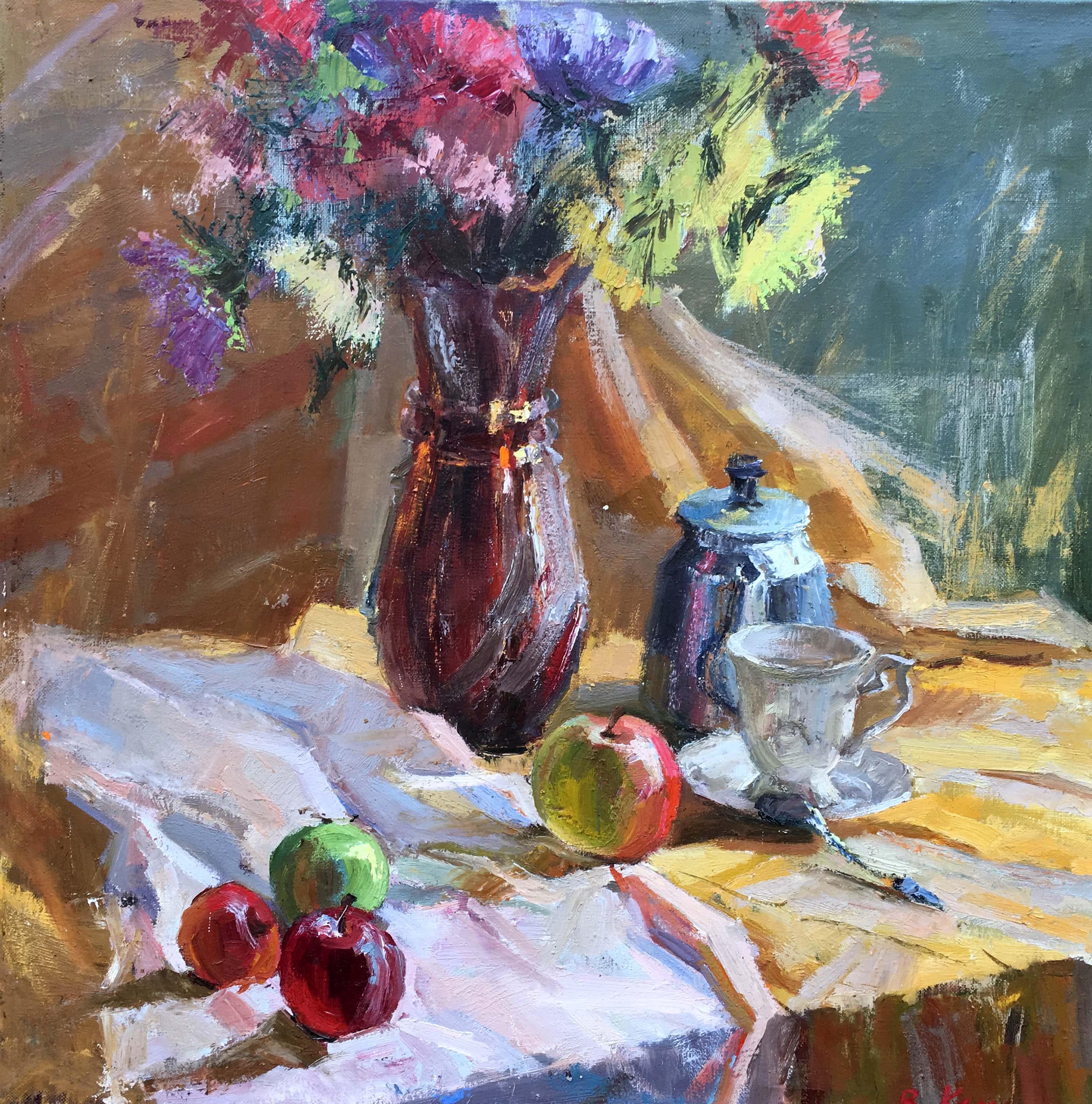 キャンバス油絵 　いとを　お花とビンとカップのあるテーブル　おしゃれ静物画 油絵の静物画、キャンバスに描かれた油絵、花瓶の花、ティーポット