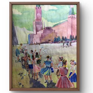 Pintura de acuarela realismo social original, pintura de acuarela sobre cartón, niños en la Plaza Roja, paisaje urbano, arte hecho a mano, enmarcado