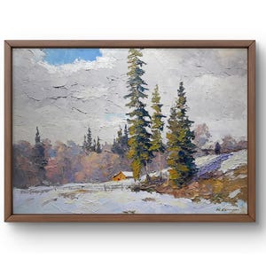 Oil painting landscape original oil painting on canvas winter white snow handmade art nature unframed green forest landscape wall art