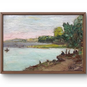 Pintura a óleo paisagem original, pintura a óleo sobre papelão, rio tranquilo com pessoas na margem, árvores densas, arte artesanal, sem moldura