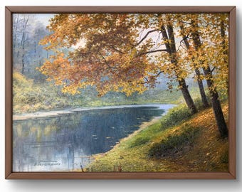 Oil painting landscape original, oil painting on canvas, autumn trees with golden foliage by a quiet river, handmade art, framed, wall art