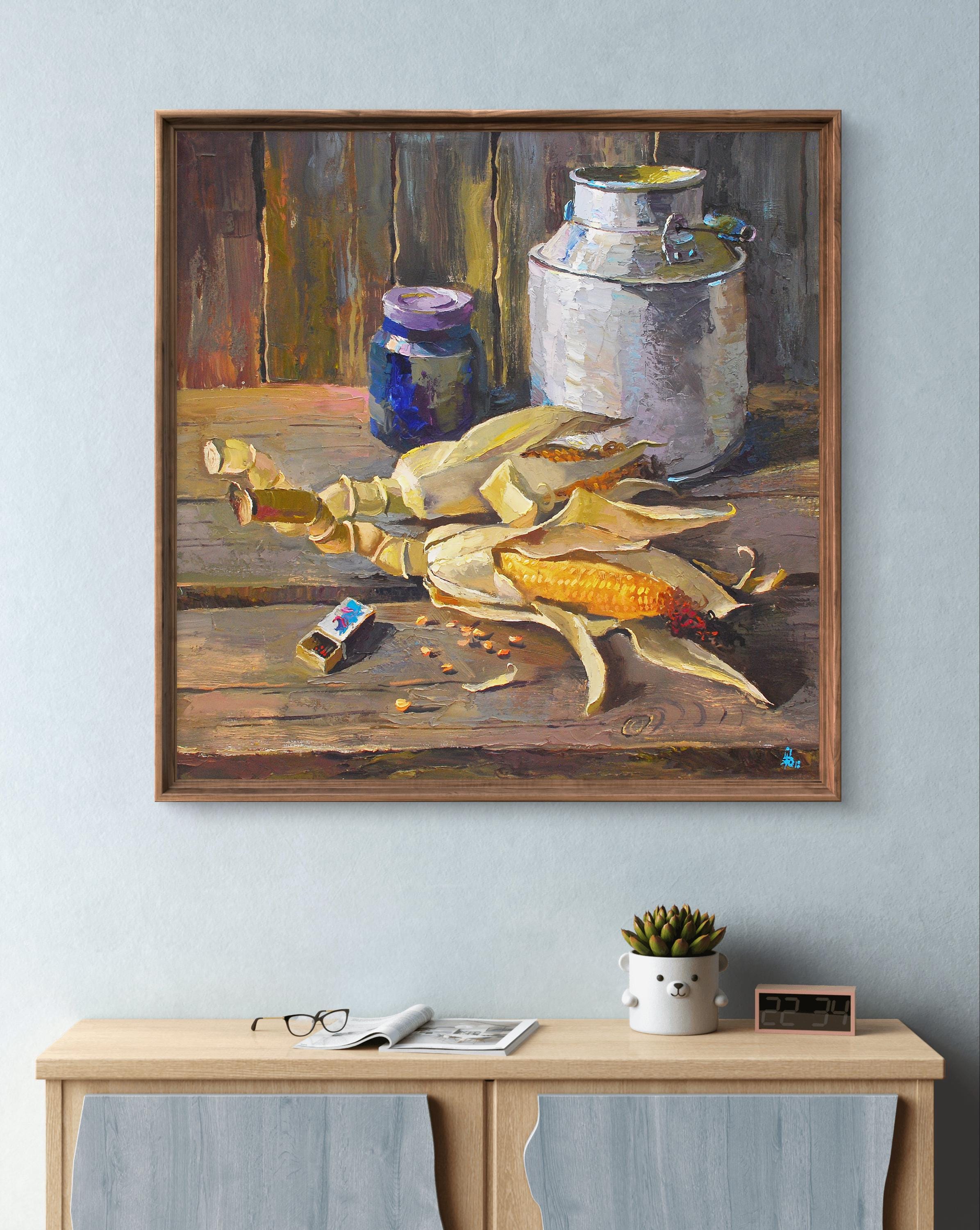 油絵の静物画（オリジナル）、キャンバスに描いた油絵、トウモロコシの