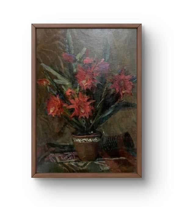 油絵の静物画、段ボールに描いた油絵、装飾花瓶に入った赤い花の静物画