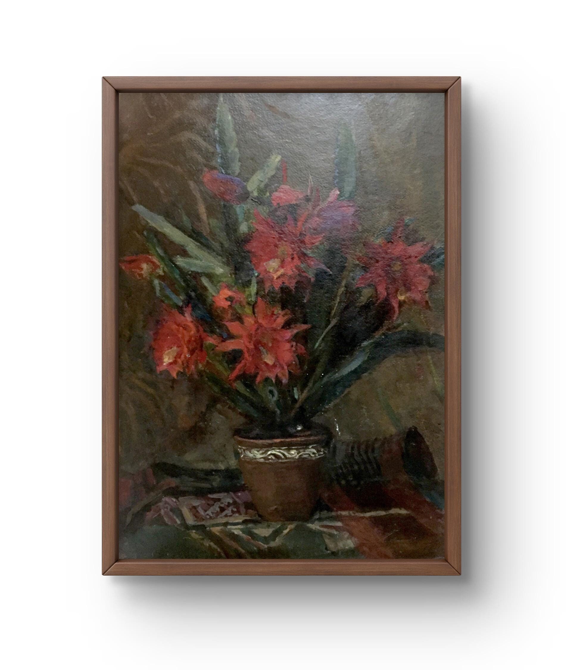 油絵 菅家令子絵 絵画インテリア額付(黒) uF6-063404 静物花グラス器 油絵の静物画、段ボールに描いた油絵、装飾花瓶に入った赤い花の静物画