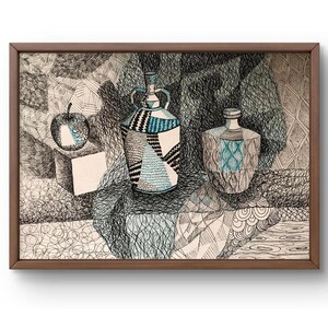Pittura a penna astratta originale, pittura su carta, astratto per interni, arte fatta a mano, senza cornice, natura morta con bevande, arte murale