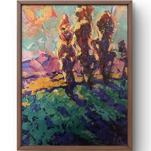 Pintura a óleo paisagem original, pintura em papelão, paisagem de campo, arte artesanal, natureza, sem moldura, paisagem de árvores, arte de parede