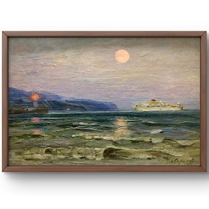Oil painting landscape original, oil painting on cardboard, seascape with shining moon, distant mountains, handmade art, framed, wall art