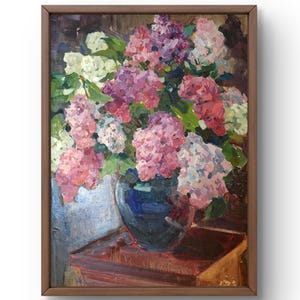 Oil painting still life original, oil painting on canvas, bright bouquet of hydrangeas in a blue vase, handmade art, framed, wall art
