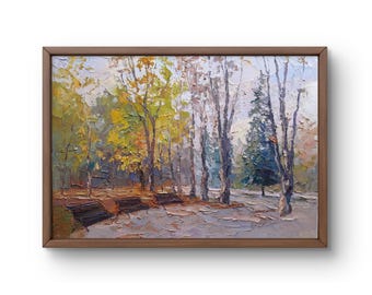 Oil painting landscape original, oil painting on canvas, serene atmosphere of an autumn park with trees, handmade art, unframed, wall art