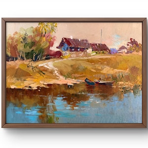 Pintura al óleo paisaje original, pintura sobre cartón, paisaje de río, arte hecho a mano, naturaleza, sin marco, paisaje de otoño, arte de pared
