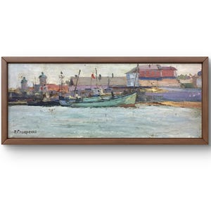 Pintura a óleo paisagem original, pintura a óleo sobre papelão, porto com barcos atracados, edifícios e aterro, arte feita à mão, sem moldura