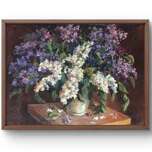 Pintura a óleo natureza morta original, pintura a óleo sobre papelão, natureza morta com um buquê de lilases em uma jarra de cerâmica, arte feita à mão, sem moldura