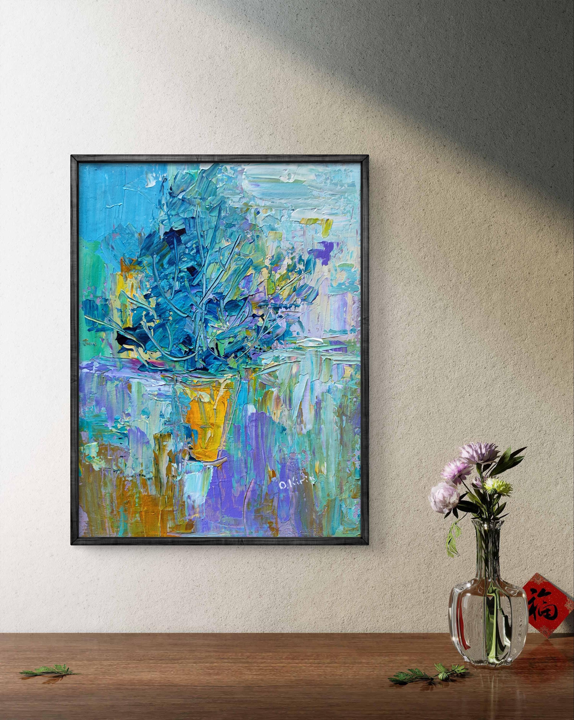 アクリル画抽象オリジナル、キャンバスに描いた花の静物画、手作り