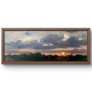 Pintura a óleo paisagem original, pintura a óleo sobre papelão, pôr do sol contra o pano de fundo de extensões verdes, arte feita à mão, sem moldura, arte de parede