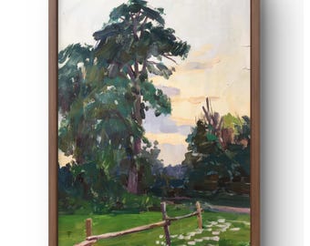 Gouache painting landscape original, painting on paper, trees landscape, handmade art, nature, unframed, forest landscape, wall art