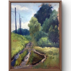 Pintura a óleo paisagem original, pintura em papelão, paisagem florestal, arte artesanal, natureza, sem moldura, paisagem ferroviária, arte de parede