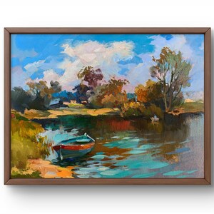 Pintura al óleo paisaje original, pintura sobre cartón, paisaje de río, arte hecho a mano, naturaleza, sin marco, paisaje de verano, arte de pared