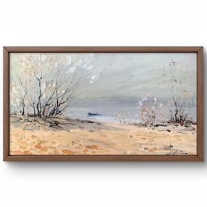 Pintura al óleo paisaje original, pintura sobre cartón, paisaje invernal, arte hecho a mano, naturaleza, sin marco, paisaje de río, arte de pared