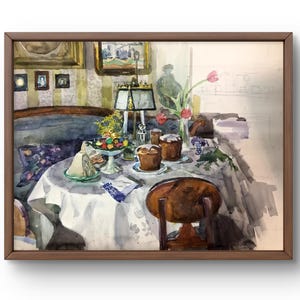 Bodegón original pintado con acuarela, pintura acuarela sobre cartón, acogedor rincón hogareño con mesa y decoración, hecho a mano, sin marco