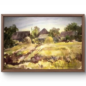 Pintura aquarela paisagem original, pintura em papelão, paisagem de aldeia, arte artesanal, natureza, sem moldura, paisagem de campos, arte de parede