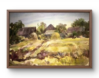 Watercolor painting landscape original, painting on cardboard, village landscape, handmade art, nature, unframed, fields landscape, wall art