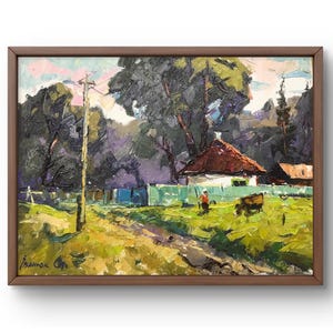 Oil painting landscape original oil painting on canvas summer green forest landscape handmade art nature unframed white houses wall art