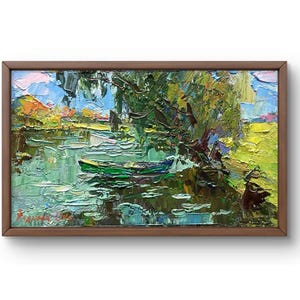 Oil painting landscape original, oil painting on canvas, summer river green landscape, handmade art, nature unframed, forest wall art