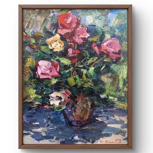 Pintura al óleo naturaleza muerta original, pintura sobre cartón, naturaleza muerta de flores, arte hecho a mano, naturaleza, sin marco, ramo de rosas rojas, arte de pared
